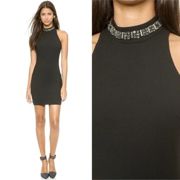 Elizabeth and James Black Jade Embellished Collar Mini Dress Sz 2 Bodycon Maryse - Picture 2 of 11